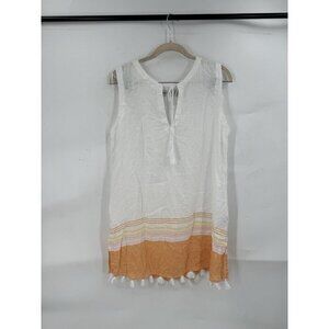 Rachel Zoe Top Women Small White Linen Blend Beach Coastal Swim Cover Tassel